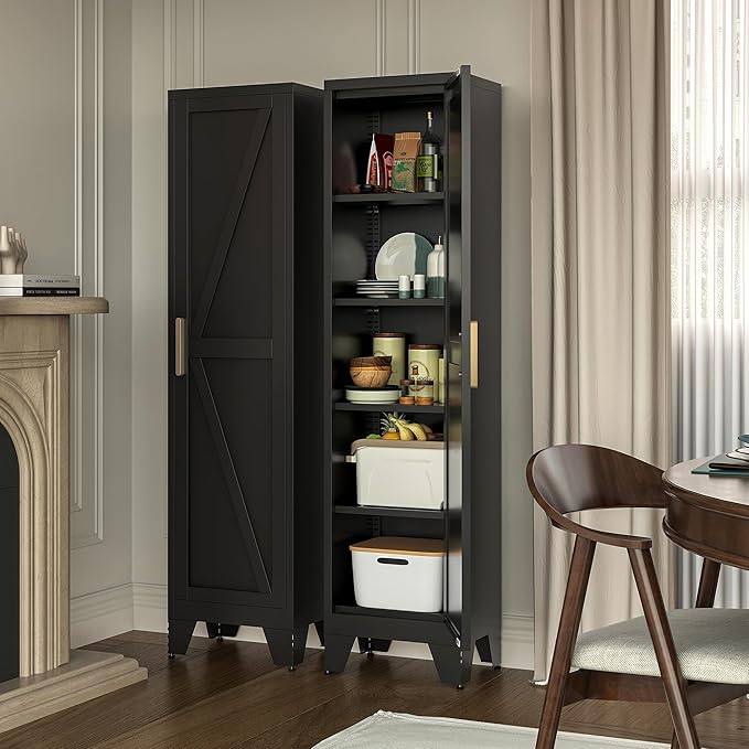 LCAOPC 67" Tall Narrow Bathroom Metal Storage Cabinet with 4 Adjustable Shelves, Freestanding 5 Tier Slim Pantry Storage Cabinet for Small Space, Black