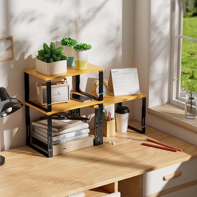 Kitchen Cabinet Organization Shelf,Set of 2 Height Adjustable Storage Racks,Stackable,Expandable,Countertop Shelves Organizer,Pantry Shelving(2PACKS/Medium/Black