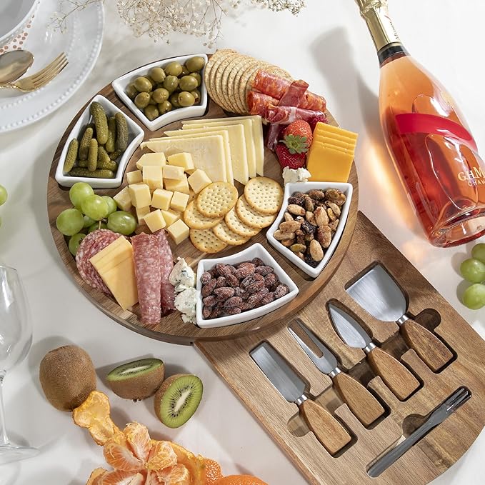 Acacia Cheese Board & Knife Set – Charcuterie Board with Ceramic Bowls, Slide-Out Drawer & Serving Utensils, Perfect for Entertaining – Ideal Gift for Weddings, Housewarming & Holidays