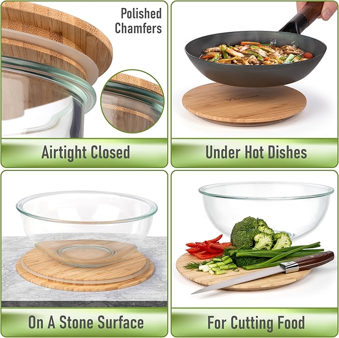 dokaworld Glass Mixing Bowls Bamboo Lids - Lids are compatible with all Glass Mixing Bowls Set