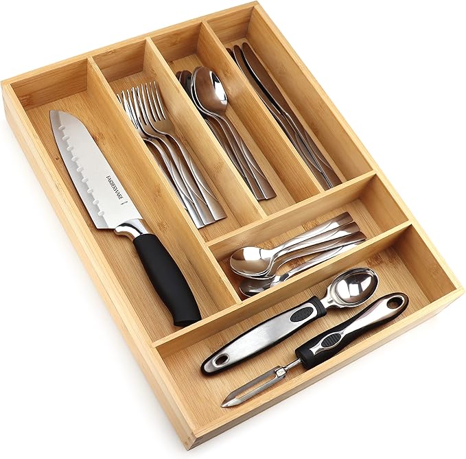 Pristine Bamboo silverware tray organizer– Flatware Utensil Cutlery Silverware Holder for Drawer – Small Extra-Deep Wooden Kitchen Drawer Organizer Divider for Spoons Forks Knives cutleries (6-Slots)