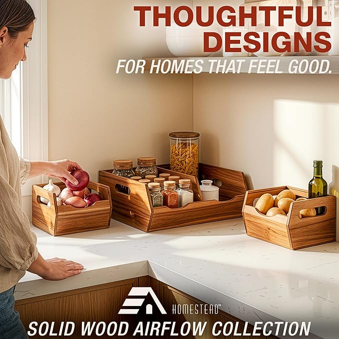 HOMESTEAD Stackable Solid Wood Storage Bins for Pantry & Countertop, Ventilated Potato and Onion Basket Organizer with Handles, Wooden Produce Storage Containers, 3 Pack, Natural Wood