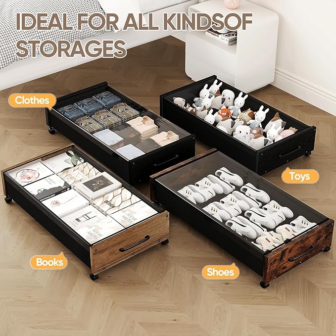 Under Bed Storage with Wheels, 2 Packs Wooden Storage Containers Extra Large Underbed Shoes Organizer, Rolling Under Bed Storage Drawers with Clear Lid, Heavy Duty for Clothes Toys 36"L (Black)