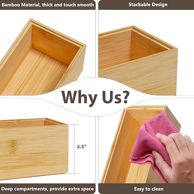 Greatseas Kitchen Drawer Organizer Bins, Stackable Bamboo Deep Drawer Organizer for Silverware, Utensils, Cutlery, Flatware, Junk Drawer, Dresser, Bathroom, 9" x 3" x 2.5" (Set of 2)