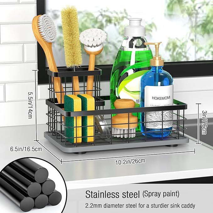 Large Family-Sized Sponge Holder for Kitchen Sink, Sink Caddy Organizer with Brush Holder - Drain-Free Non-Slip Base, Stainless Steel with Rust-Resistant Coating-10.24" L x 6.5" W x 5.83" H
