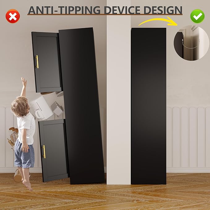 67" Tall Narrow Storage Cabinet Metal Bathroom Cabinet with 2 Doors & 4 Adjustable Shelves, Standing Pantry Cabinets Cupboard for Kitchen, Dining Room, Living Room and Bathroom (Black)