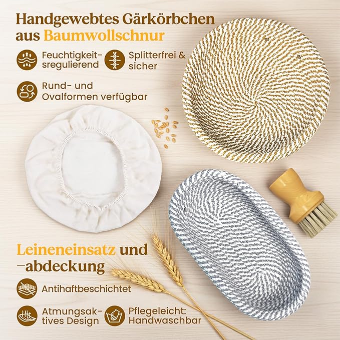 Sourdough Starter Kit with Cotton Rope Banneton Basket & Jar, Bread Baking Supplies and Tools Set, Complete Sourdough Bread Making Kit, Baking Gift for Women Moms & Beginners