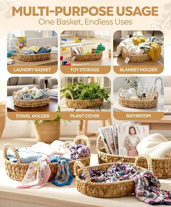 NAZOX Handwoven Water Hyacinth Storage Baskets for Toilet, Living Room, Nursery Organization - Natural Oval Set of 3 Versatile Nesting Baskets with Scalloped Edge Design & Handles