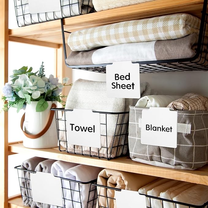 50 Pcs Basket Labels Clip Set for Storage Bins Include Removable PVC Bin Label Holders with Chalk Markers for Kitchen Pantry Organization Labeling Box Shelf 48+2 96+4 (White)