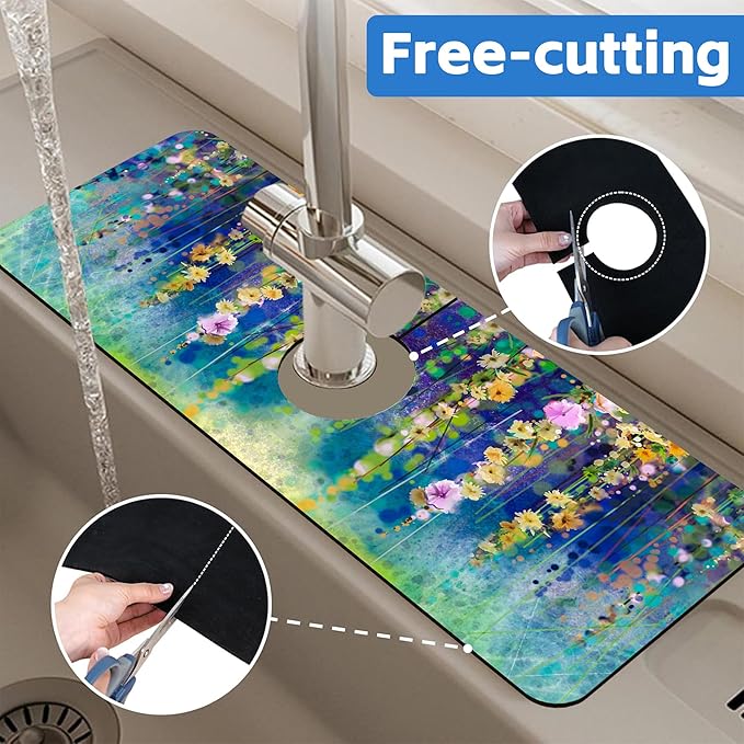 Abstract Watercolor Floral Kitchen Sink Splash Guard Mat Absorbent Fast Drying Mat Faucet Draining Mat Sink Splash Guard Behind Faucet Drip Catcher for Kitchen Bathroom 5.5"×15"