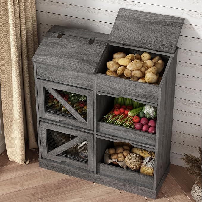 Potato Storage Bin Bread Box with Lid,Rustic Onion&Fruit Organizer with Wood Hidden Door,Farmhouse Grocery Section Decorative,Vegetable Organization Cabinet W/Mesh Door for Kitchen Dining Room(Grey)
