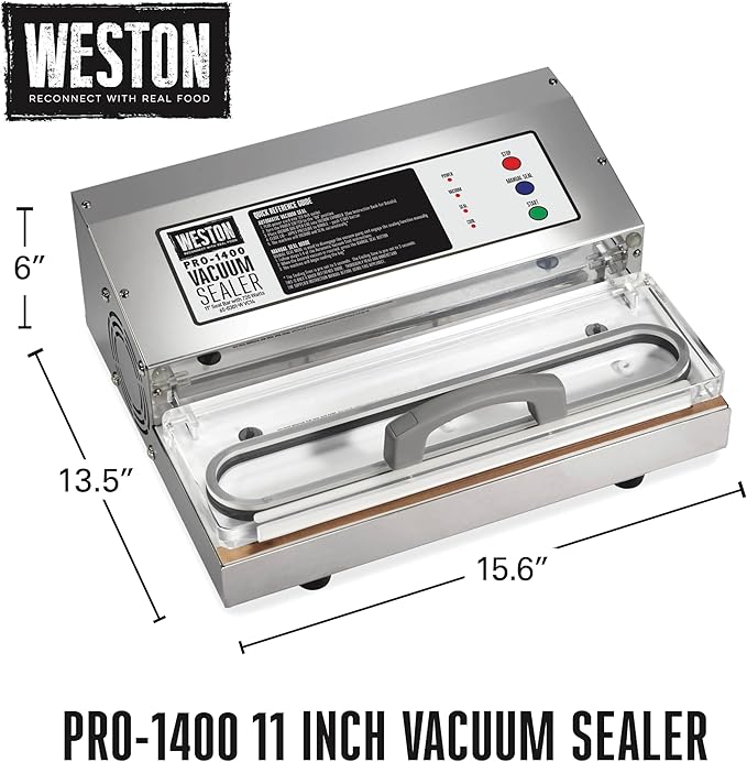 Weston Brands Vacuum Sealer Machine for Food Preservation & Sous Vide, Extra-Wide 5mm Bar for Sealing Bags up to 11" Wide, 720 Watts, Commercial Grade Pro 1400, Stainless Steel (65-0301-W)