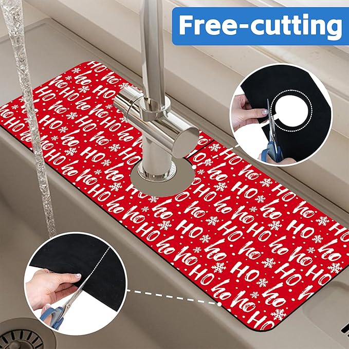 Christmas Hohoho Kitchen Sink Splash Guard Mat Santa Claus Laugh Sink Splash Guard Faucet Mat Draining Mat Fast Drying Sink Protectors for Kitchen and Bathroom 5.5"×15"
