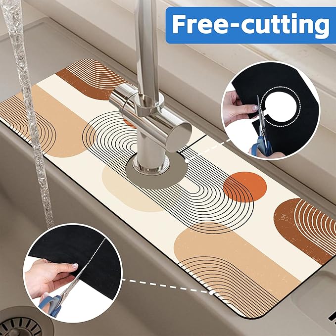 Abstract Minimalistic Geometric Sink Faucet Absorbing Mat Sink Splash Guard Faucet Mat Draining Mat Fast Drying Sink Protectors for Kitchen and Bathroom 5.5"×15"