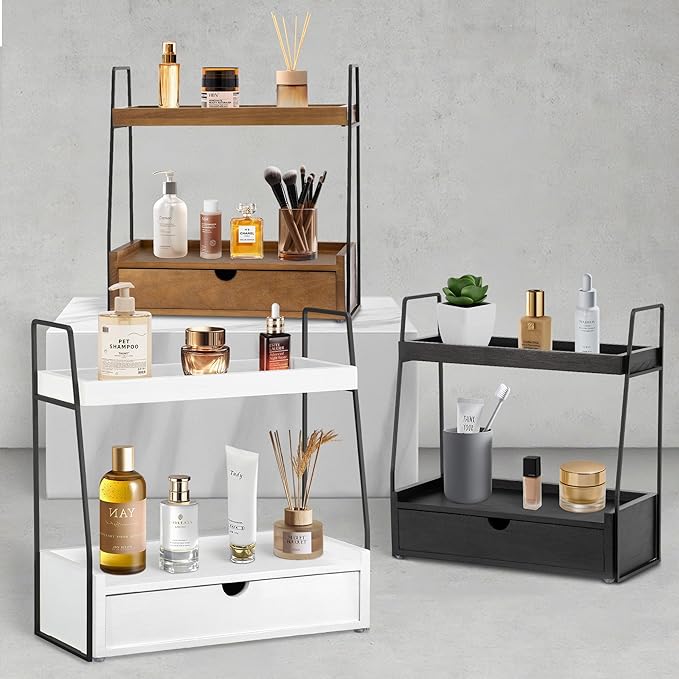 dreampossible 2-Tier Bathroom Organizer Countertop with Drawer, Wood Counter Organizer for Bathroom Decor, Sink Shelf for Vanity Storage, Makeup Tray for Perfume Skincare Bedroom Kitchen Corner