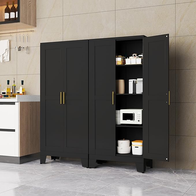61.02”H Metal Pantry Storage Cabinet, Kitchen Storage Cabinets with Adjustable Feet and Shelves, Pantry Cabinet for Kitchen, Living Room, Laundry Room and Dinning Room