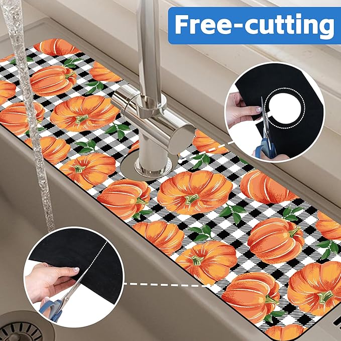 Thanksgiving Pumpkin Kitchen Sink Splash Guard Mat Buffalo Plaid Absorbent Fast Drying Mat Faucet Draining Mat Sink Splash Guard Behind Faucet Drip Catcher for Kitchen Bathroom 5.5"×24"