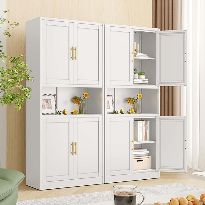 61.02" Kitchen Pantry Cabinet, Large Metal Storage Cabinet with 4 Doors and 1 Open Storage Compartment, Corner Display Organizer with 2 Adjustable Shelves for Kitchen Bedroom or Hallways (White)