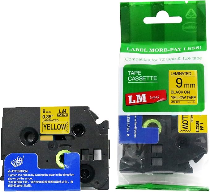 1/Pack LM Tapes - LMe621 Premium 3/8" Black Print on Yellow Label Compatible with P-Touch TZe-621 Tape and Includes Tape Color/Size Guide. Replaces TZ-621 9mm 0.35 Laminated.