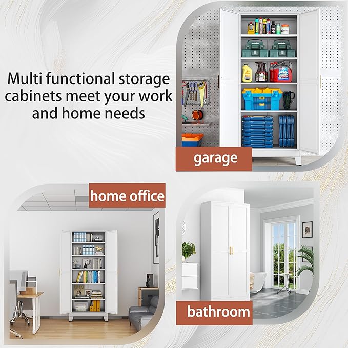 PAOFIN Kitchen Pantry Storage Cabinet with Doors and Adjustable Shelves, Metal ClosetMaid Food Pantry Cabinets, 75" Tall Freestanding Cupboard for Kitchen, Laundry or Utility Room, White