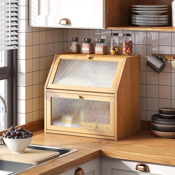 STDDRE Bread Box for Kitchen Countertop Bin Double Layer Bread Box Storage Container Extra Large Capacity with Diamond Pattern Windows (Natural, Extra Large)