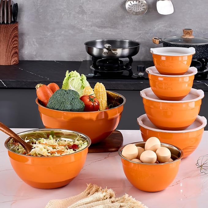 Onlycooker Orange Mixing Bowls With Airtight Lids,Stainless Steel Bowl,Salad Bowls 7 Piece Colorful Nesting Bowl Orange Kitchen Accessories,Size 7,3.6,2.7,2.1,1.5,1.1,0.8QT Stackable Design