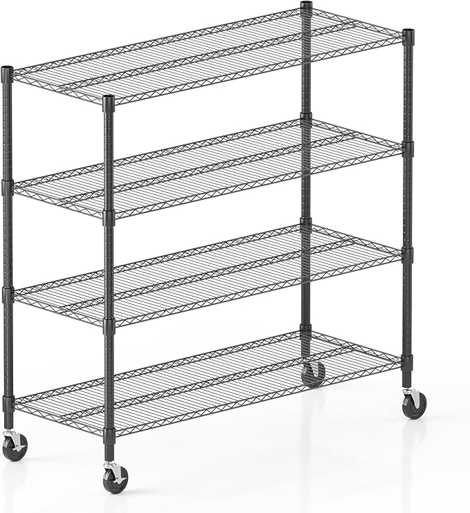 Homdox Heavy Duty Metal Shelves for Storage, 4 Tier Storage Racks and Shelving, Commercial Adjustable Wire Shelving Unit on Wheels, Garage Rack Pantry Shelves Kitchen Shelving, 18"x48"x72", Black