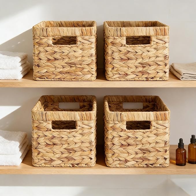 Water Hyacinth Woven Storage Baskets, Set of 4 Wicker Baskets for Organizing with Built-In Handles, Handwoven Rectangular Shelf Bins for Pantry, Bathroom, Kitchen, Closet (13 x 8.25 x 7 in)