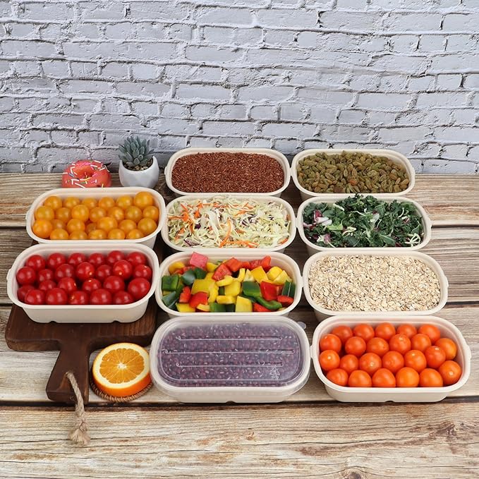 JAYEEY 23 oz Disposable salad bowls with lids, Sugarcane Fiber Paper Bowls take away food containers meal prep food storage deli container 50 Pack