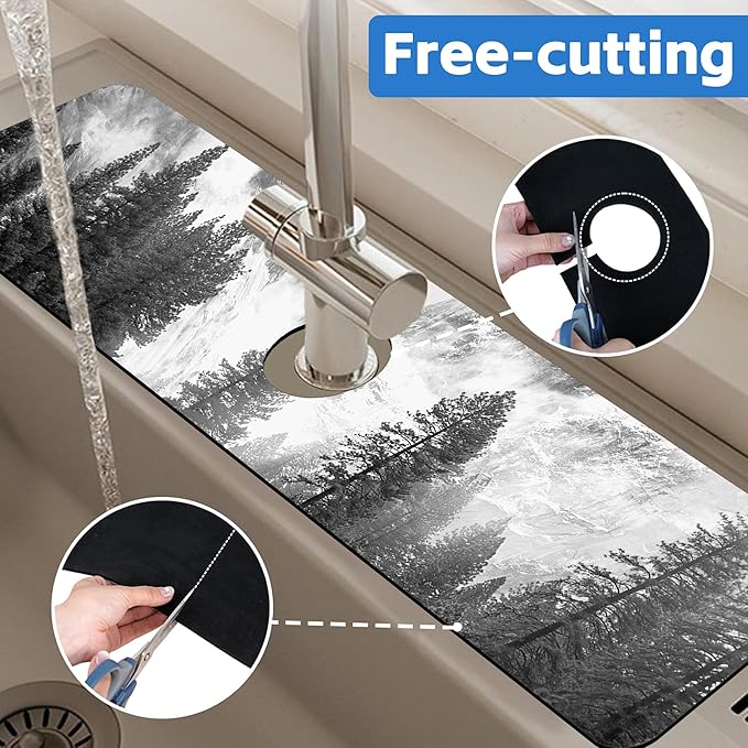 Winter Forest Mountain Sink Faucet Absorbing Mat Sink Splash Guard Faucet Mat Draining Mat Fast Drying Sink Protectors for Kitchen and Bathroom 5.5"×24"