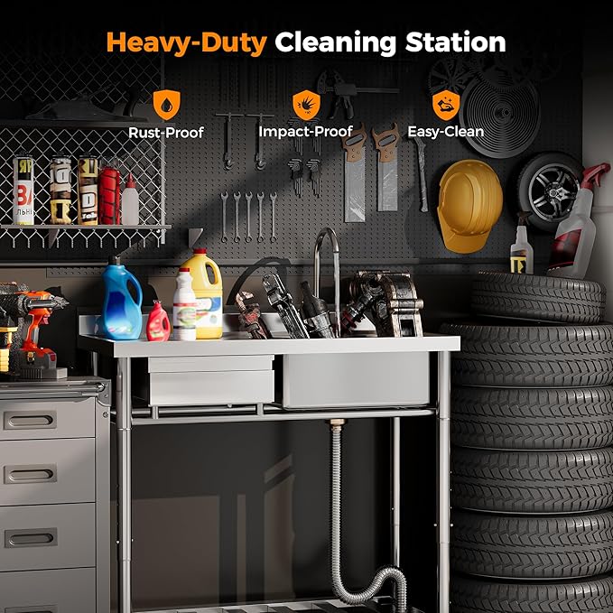 4-Height Adjustable 39" Utility Sink 18/8 Stainless Steel, 400lb Capacity & Storage Drawer, Freestanding Laundry Sink Workstation for Garage, Kitchen, RV, Basement