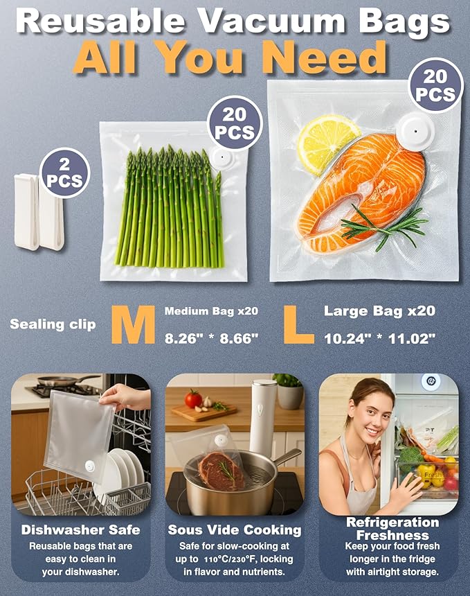 Vacuum Sealer for Food with Visible Water Tank, Powerful Handheld Compact Vacuum Sealer Machine with 40 Reusable Bags, Portable Food Sealer White
