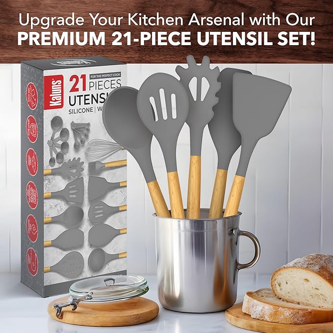 Kitchen Utensils Set, 21 Wood and Silicone Cooking Utensil Set, Non-Stick and Heat Resistant Kitchen Utensil Set, Kitchen Tools