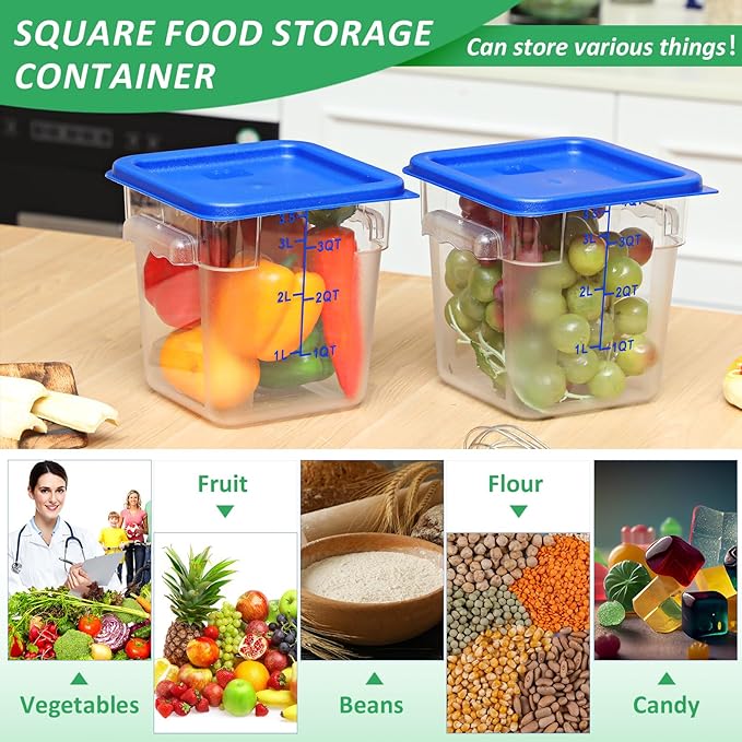 Yungyan 6 Pcs Commercial Clear Food Storage Containers 4 Qt Square Acrylic Airtight Food Storage Containers with Lids for Kitchen Restaurant Pantry Freezer Flour Sugar(Blue)