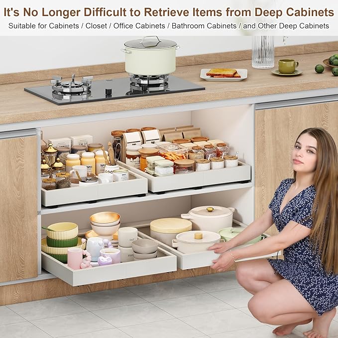 2Pc Pull out Cabinet Organizer,Width (14"-21"),Depth(17"-24") Expandable with 3 Rails,No Drill Roll out Drawers,Adhesive Sliding Drawers,Slide out Shelves for Cabinets Without Lip,Kitchen,Pantry,White