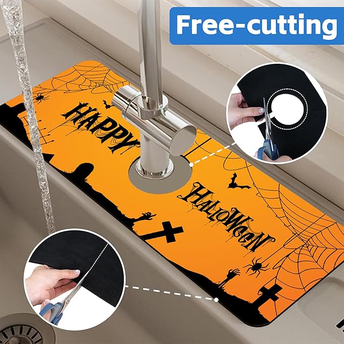 Halloween Bats Spider Webs Dish Drying Mat for Kitchen Sink Splash Guard Behind Faucet Sink Mat Absorbent Fast Drying Faucet Draining Mat for Bathroom Kitchen 5.5"×15"