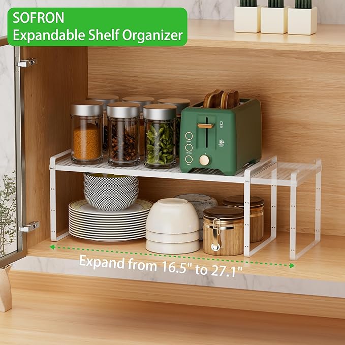 SOFRON Expandable Cabinet Storage Shelf Stackable Organizer Rack for Kitchen Bathroom Pantry Spice Cupboard Coffee Countertop Home Office Desk Heavy Duty Nonslip White Small 3 Packs