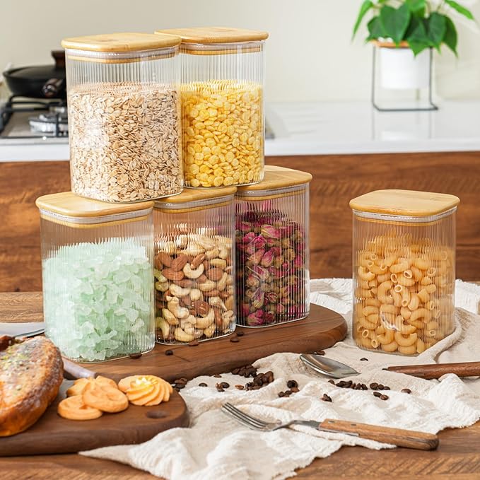 37oz Airtight Glass Square Storage Canisters with Bamboo Lids Set of 6 (1100ml) Striped Stackable Containers, Decorative Kitchen Jars for Tea, Nuts and Coffee (with Black Lable)