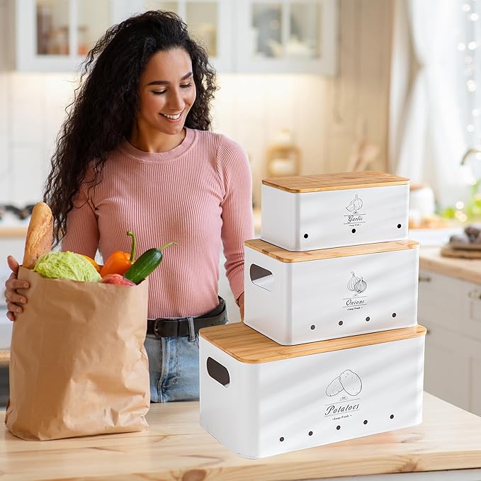 Potato Onion and Garlic Storage Bin Set of 3, White Metal Kitchen Vegetable Canisters with Bamboo Lid and Aerating Holes, Stackable Kitchen Storage Tin for Countertop Pantry