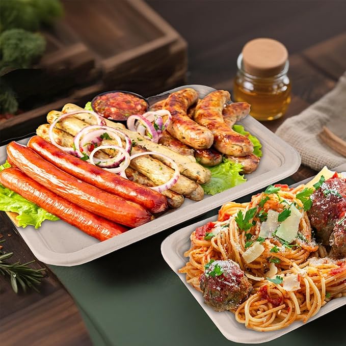Xvvirnt 50 Pack 14 Inch Disposable Food Trays, Compostable Extra Large Paper Plates, Heavy Duty Large Paper Platter Plates, Platters Trays for Serving Crawfish Lobster, Crab, Seafood Boil