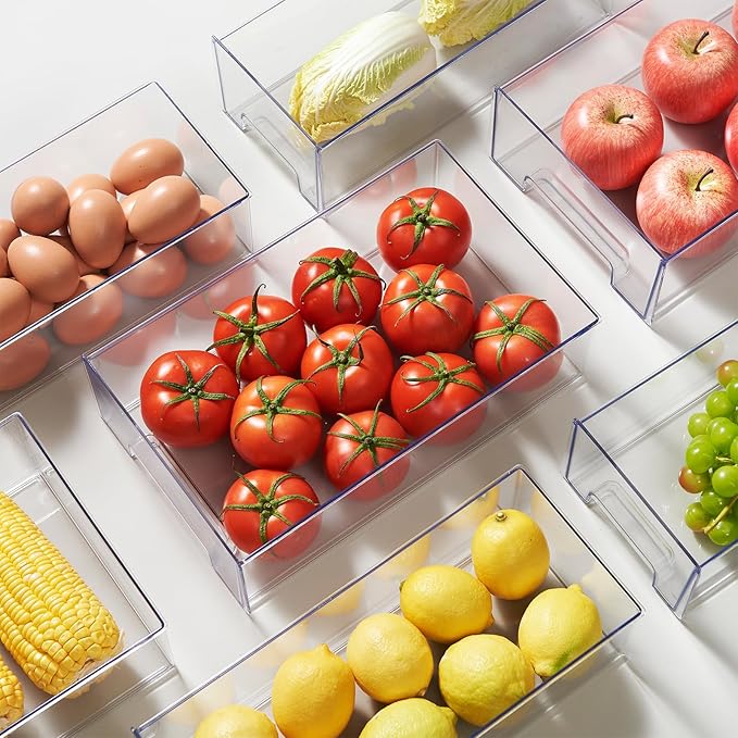 Clear Stackable Refrigerator Organizers and Storage Drawers - Pull-Out Fridge Bins with Anti-Slip Base & Easy Clean, Plastic Organizers for Kitchen Pantry Cabinet Closet (2XL)