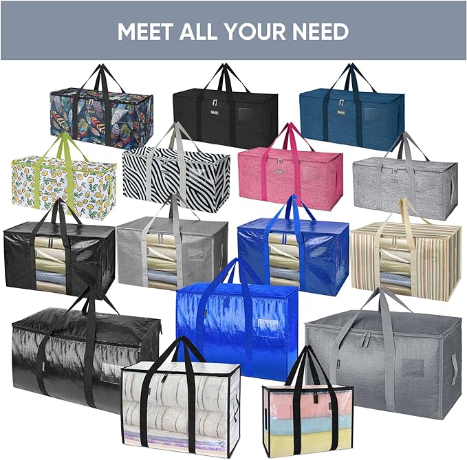BALEINE 6-Pack Oversized Moving Bags with Reinforced Handles, Heavy-Duty Storage Tote Moving Supplies for Packaging, Camping (Gray w/Window, 6-Pack)