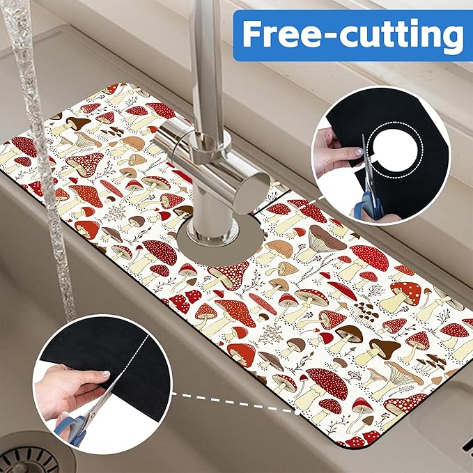 Cartoon Mushrooms Dish Drying Mat for Kitchen Sink Splash Guard Behind Faucet Sink Mat Absorbent Fast Drying Faucet Draining Mat for Bathroom Kitchen 5.5"×15"