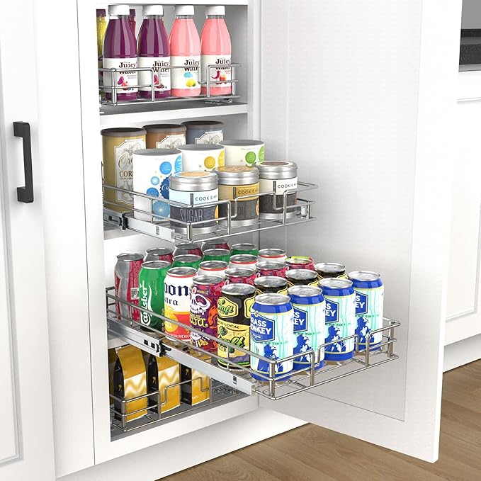 Pulloutor Pull Out Cabinet Organizer, (11" W x 21" D) Slide Out Kitchen Cabinet Storage Shelf and Drawer Organizer NEED 12" W and 22" D Cabinet, Chrome Finish