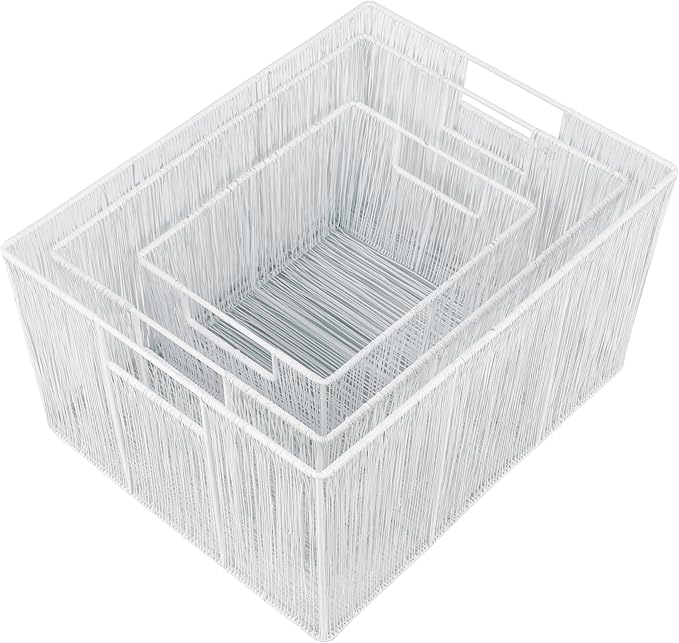 happimess BSK3000B-6SET Sutton Modern Glam Nesting Wire Metal Storage Baskets for Shelves, Cabinets, Pantry, Countertop, Mesh Open Bin Basket for Organizing Supplies, White (Set of 6)