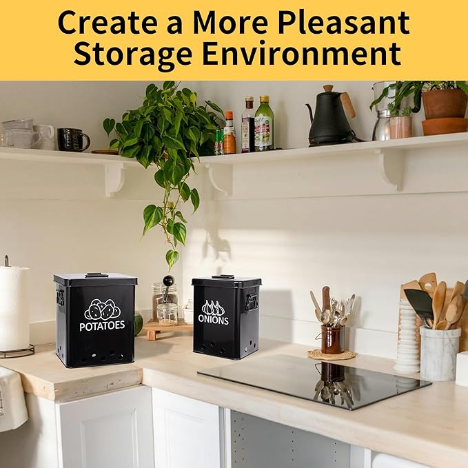 Potato and Onion Storage Bin, Set of 2 Vegetable Storage Tins with Metal Lids & Side Handles, Dual-row Ventilation Holes, Farmhouse Metal Kitchen Canisters Sets, Black