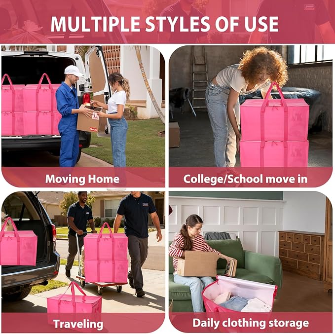 6 Pack Moving Bags Heavy Duty, Extra Large Moving Bags, Moving Supplies, Storage Bags with Handles and Zippers, Waterproof Totes for Storage Space Saving Packaging Shipping and Travel(Pink)