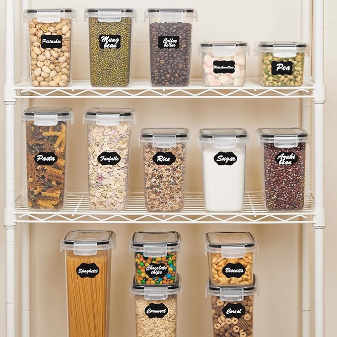 Airtight Food Storage Containers with Lids, Vtopmart 24 pcs Plastic Kitchen and Pantry Organization Canisters for Cereal, Dry Food, Flour and Sugar, BPA Free, Includes 24 Labels,Black