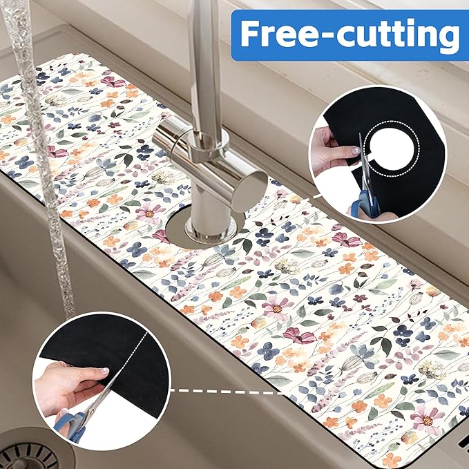 Vintage Watercolor Floral Kitchen Sink Splash Guard Mat Absorbent Fast Drying Mat Faucet Draining Mat Sink Splash Guard Behind Faucet Drip Catcher for Kitchen Bathroom 5.5"×24"