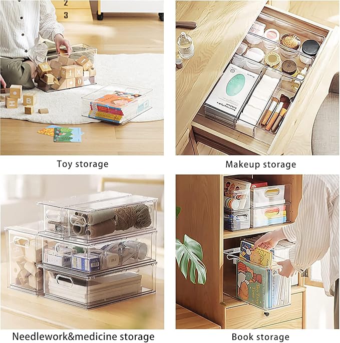 Mano Fridge Drawer Pull Out Stackable Bins with Handle Clear Refrigerator Drawers Organizer Food Storage Container Box with Dividers Plastic Produce Saver for Pantry, Cabinet, Kitchen, Clothes(4Pack)